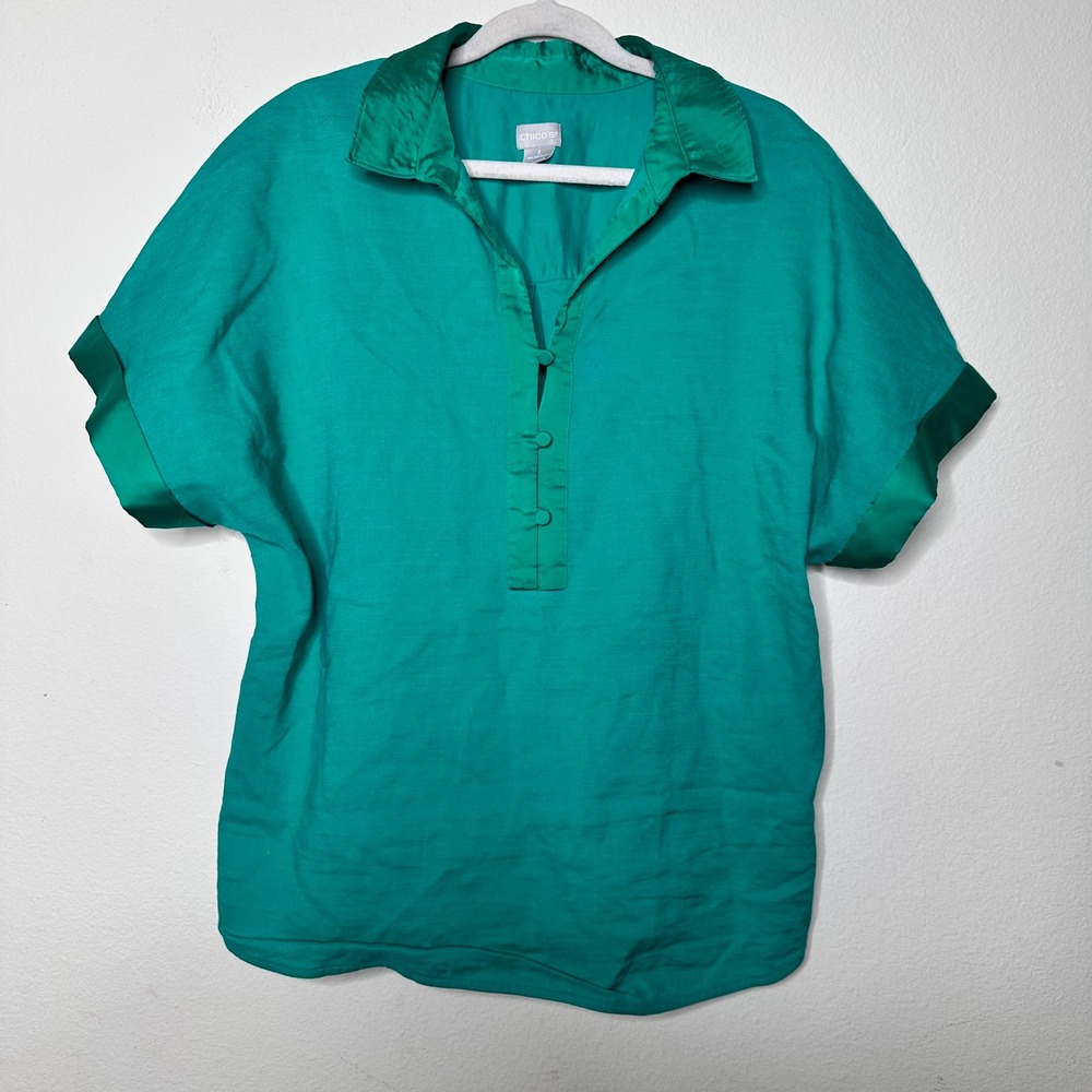 Chico's Teal Linen Blend Satin Trim Short Sleeve Blouse Size 3/XL Summer Resort